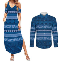 Fiji Marau na Kerisimasi Couples Matching Summer Maxi Dress and Long Sleeve Button Shirt Blue Tapa Masi Inspired Christmas - Polynesian Pride