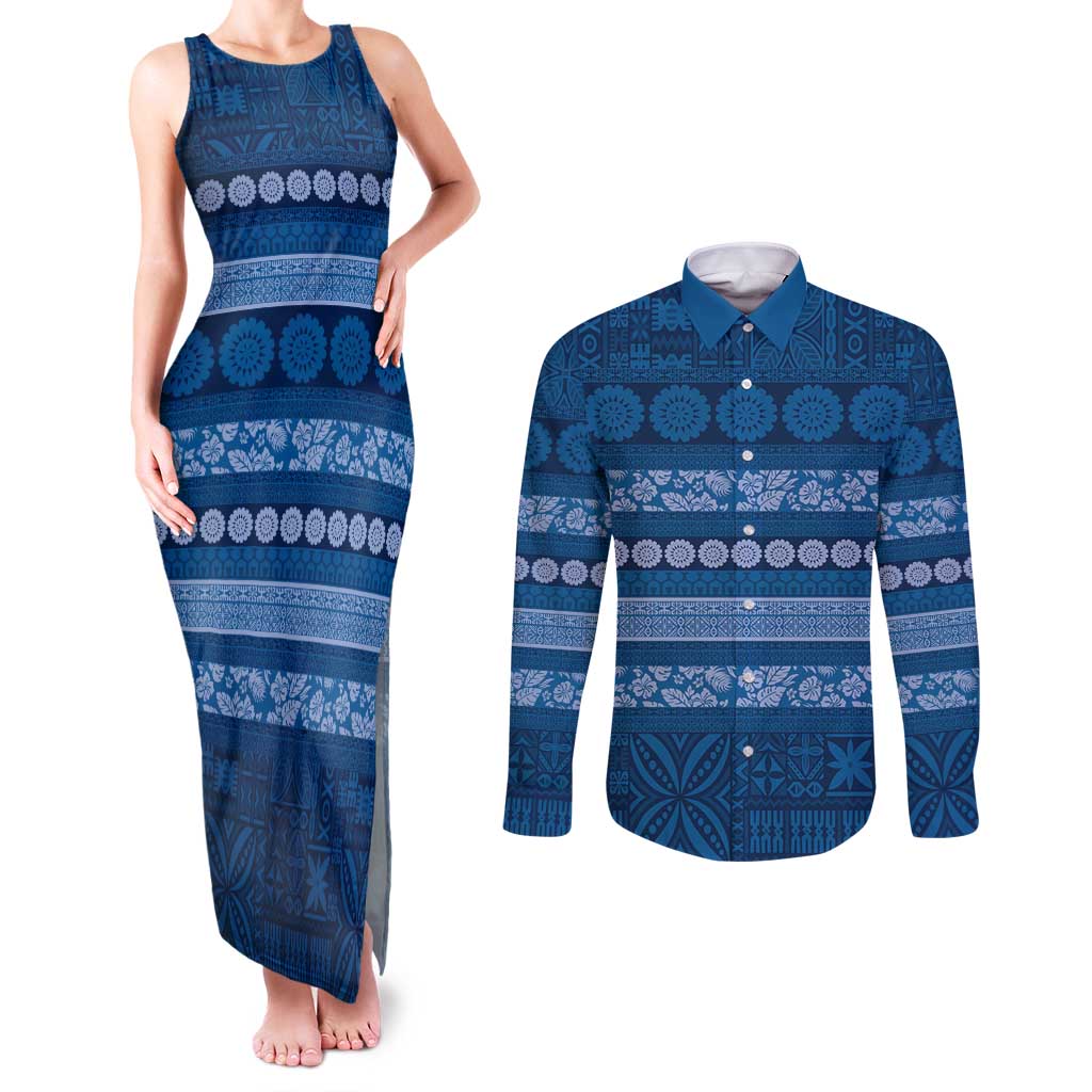 Fiji Marau na Kerisimasi Couples Matching Tank Maxi Dress and Long Sleeve Button Shirt Blue Tapa Masi Inspired Christmas - Polynesian Pride