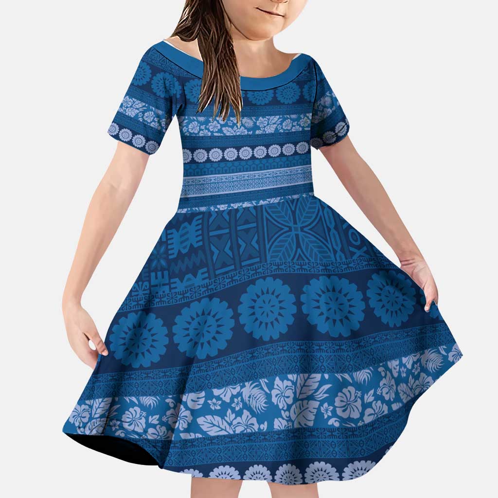 Fiji Marau na Kerisimasi Family Matching Mermaid Dress and Hawaiian Shirt Blue Tapa Masi Inspired Christmas LT9 Daughter's Dress Blue - Polynesian Pride