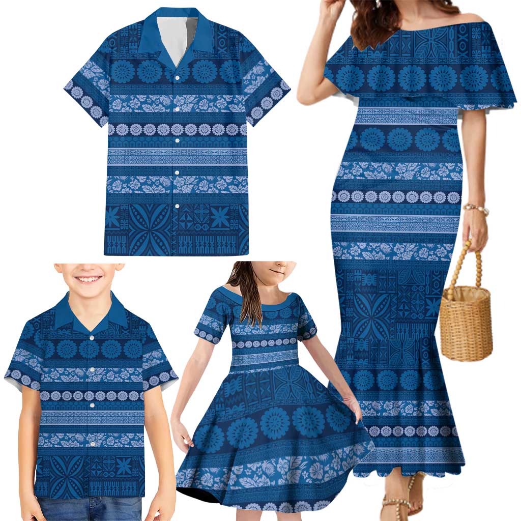 Fiji Marau na Kerisimasi Family Matching Mermaid Dress and Hawaiian Shirt Blue Tapa Masi Inspired Christmas LT9 - Polynesian Pride