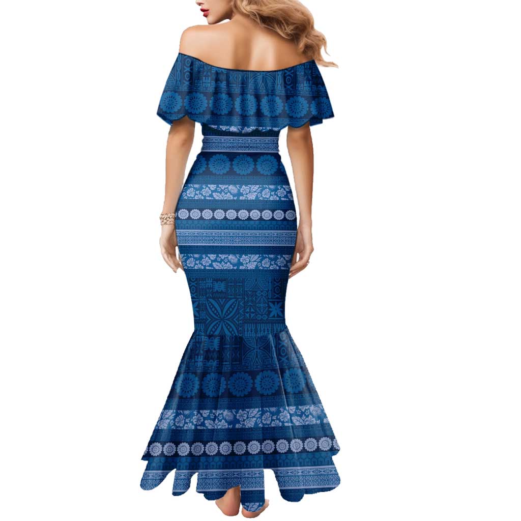 Fiji Marau na Kerisimasi Family Matching Mermaid Dress and Hawaiian Shirt Blue Tapa Masi Inspired Christmas LT9 - Polynesian Pride