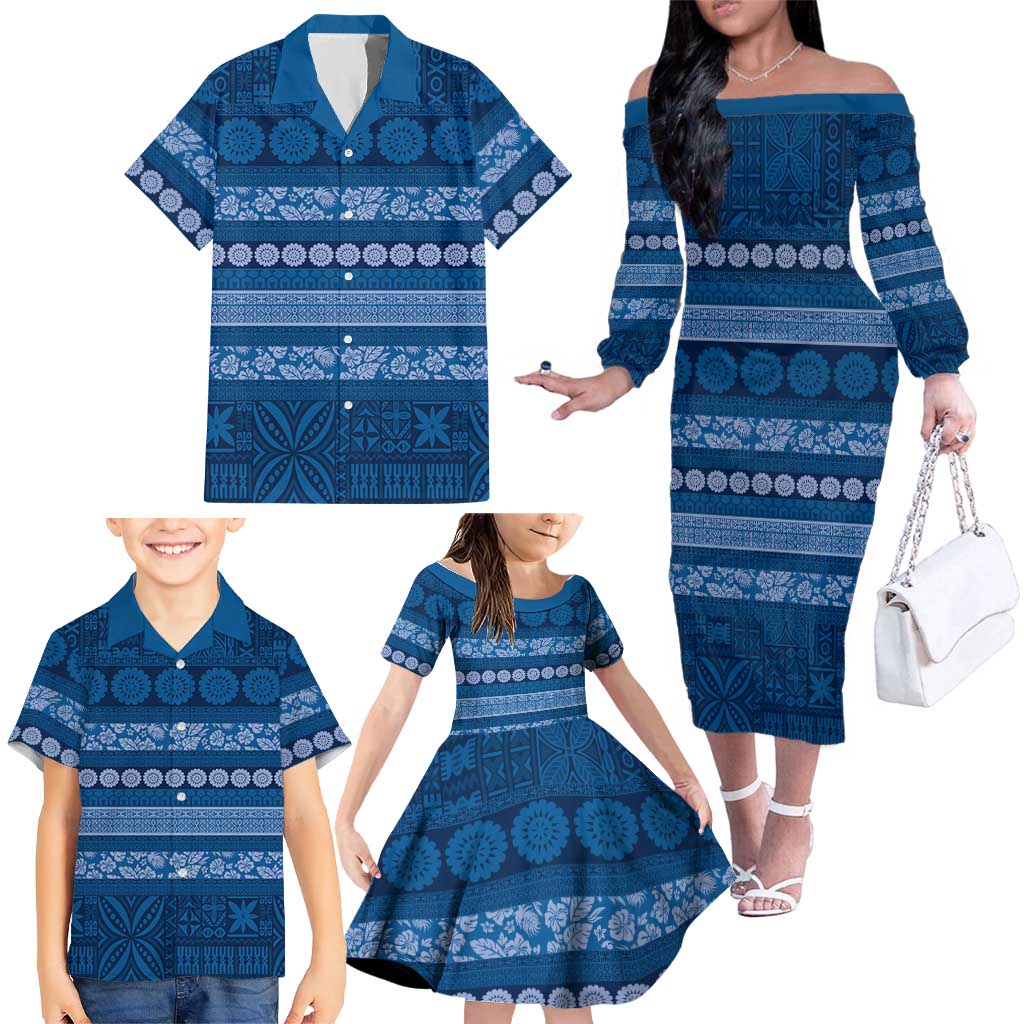 Fiji Marau na Kerisimasi Family Matching Off The Shoulder Long Sleeve Dress and Hawaiian Shirt Blue Tapa Masi Inspired Christmas - Polynesian Pride