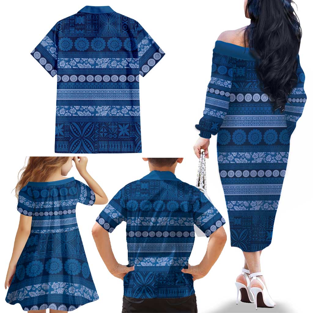 Fiji Marau na Kerisimasi Family Matching Off The Shoulder Long Sleeve Dress and Hawaiian Shirt Blue Tapa Masi Inspired Christmas LT9 - Polynesian Pride