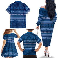 Fiji Marau na Kerisimasi Family Matching Off The Shoulder Long Sleeve Dress and Hawaiian Shirt Blue Tapa Masi Inspired Christmas LT9 - Polynesian Pride