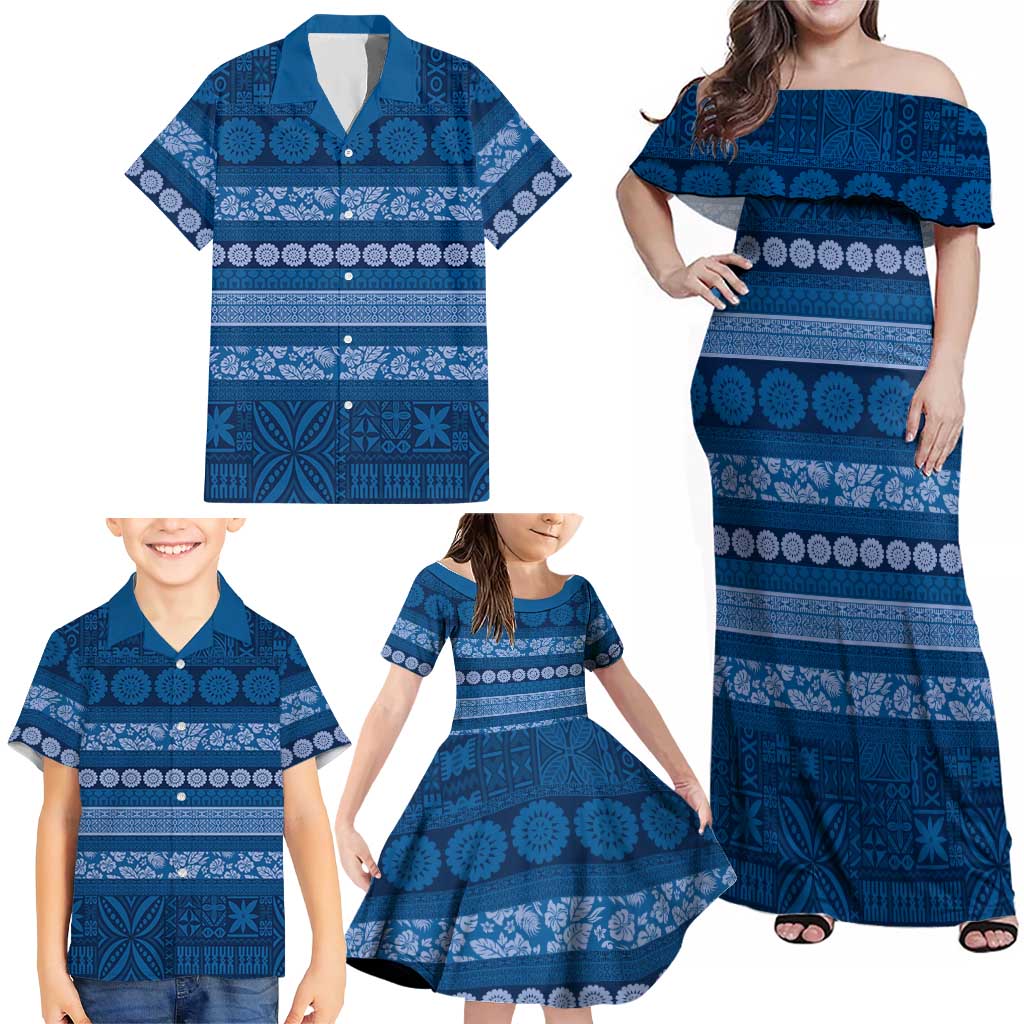 Fiji Marau na Kerisimasi Family Matching Off Shoulder Maxi Dress and Hawaiian Shirt Blue Tapa Masi Inspired Christmas LT9 - Polynesian Pride