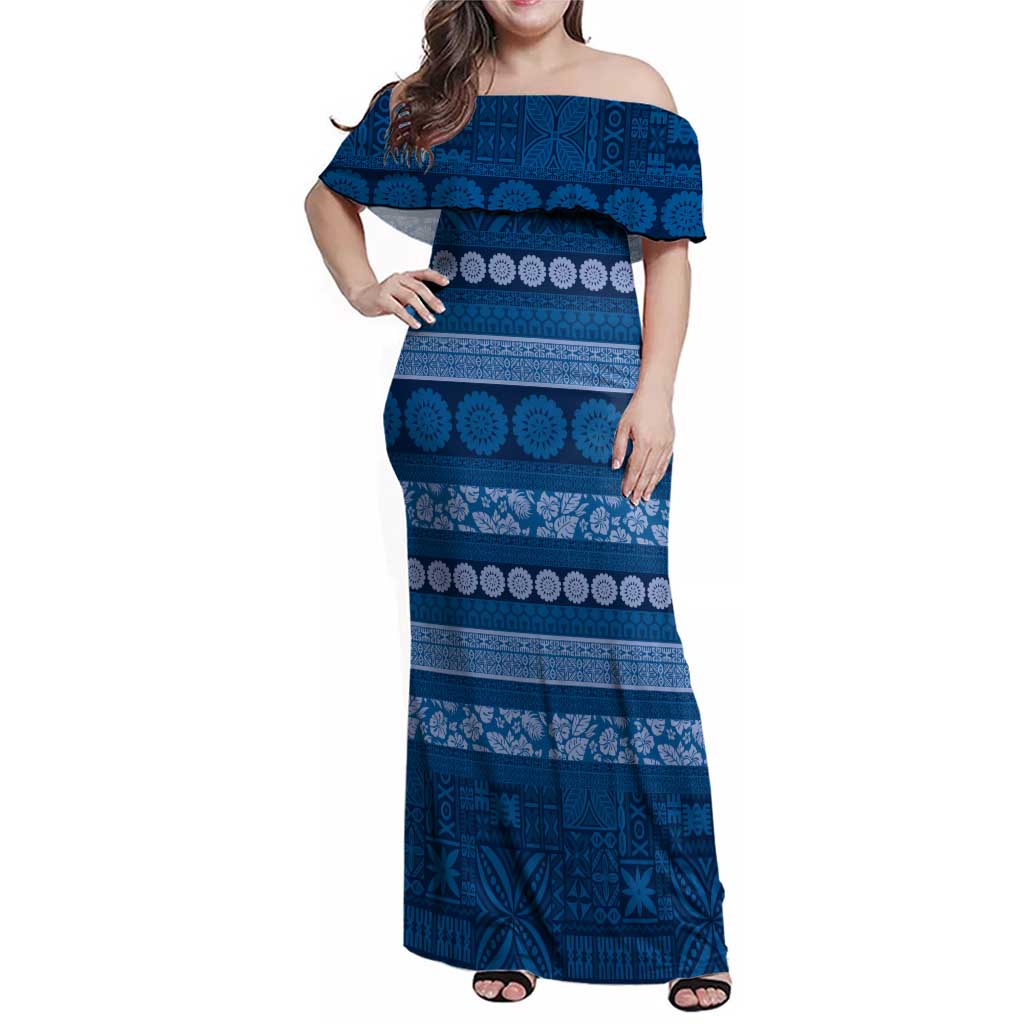 Fiji Marau na Kerisimasi Family Matching Off Shoulder Maxi Dress and Hawaiian Shirt Blue Tapa Masi Inspired Christmas LT9 Mom's Dress Blue - Polynesian Pride