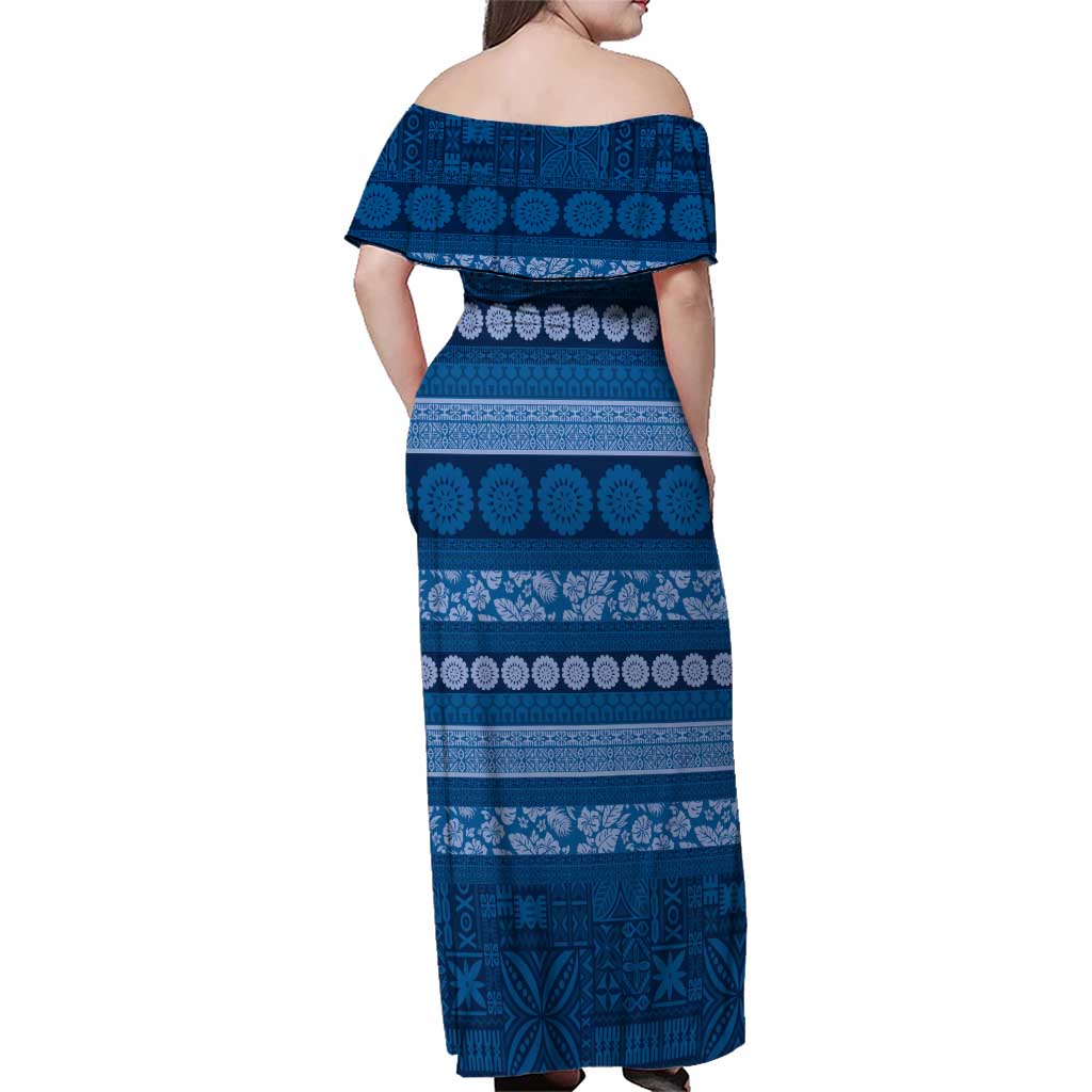 Fiji Marau na Kerisimasi Family Matching Off Shoulder Maxi Dress and Hawaiian Shirt Blue Tapa Masi Inspired Christmas LT9 - Polynesian Pride
