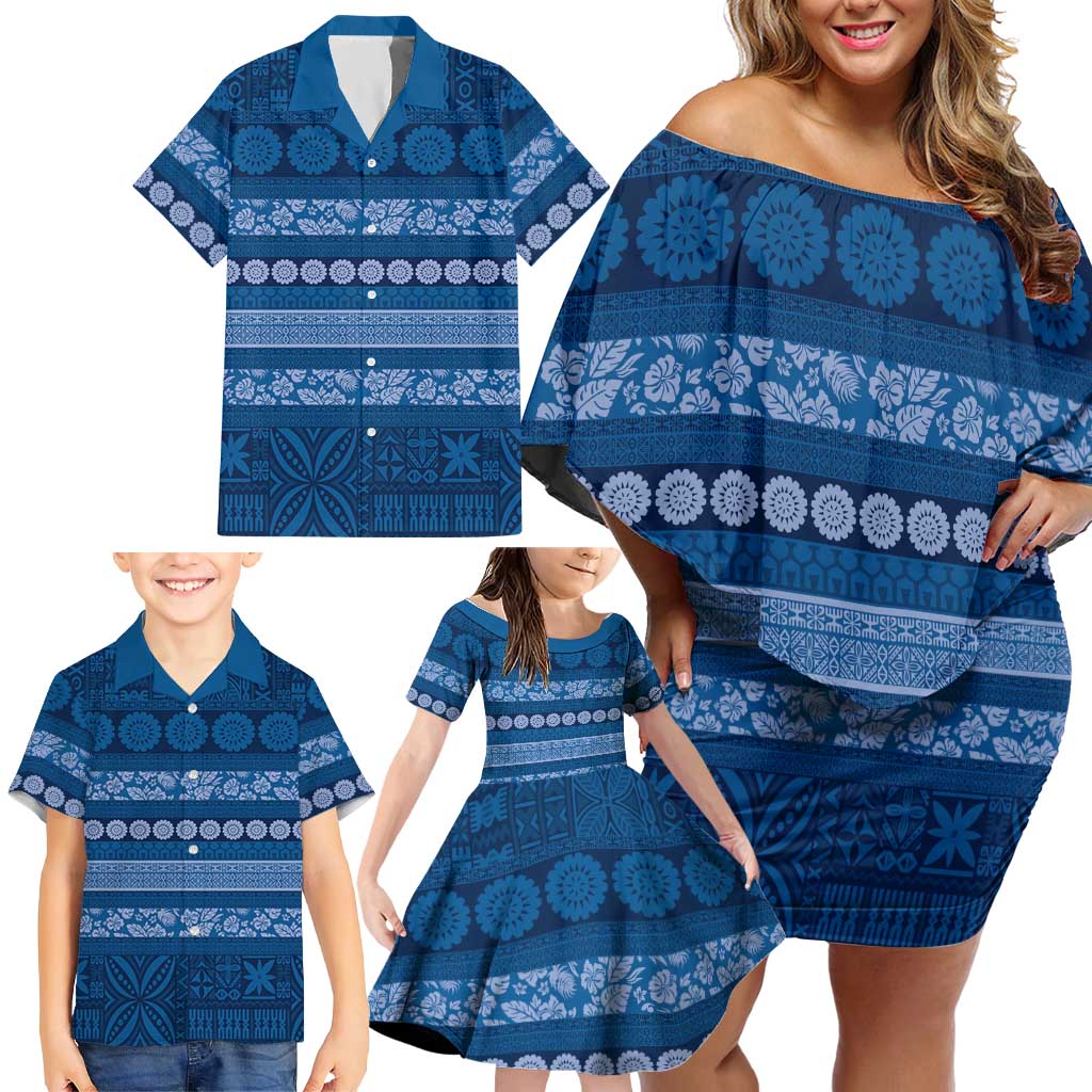 Fiji Marau na Kerisimasi Family Matching Off Shoulder Short Dress and Hawaiian Shirt Blue Tapa Masi Inspired Christmas - Polynesian Pride