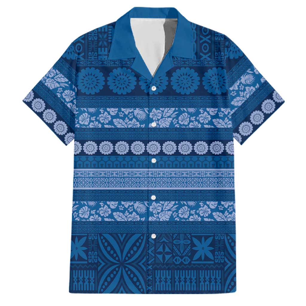 Fiji Marau na Kerisimasi Family Matching Off Shoulder Short Dress and Hawaiian Shirt Blue Tapa Masi Inspired Christmas LT9 Dad's Shirt - Short Sleeve Blue - Polynesian Pride