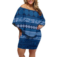 Fiji Marau na Kerisimasi Family Matching Off Shoulder Short Dress and Hawaiian Shirt Blue Tapa Masi Inspired Christmas LT9 Mom's Dress Blue - Polynesian Pride