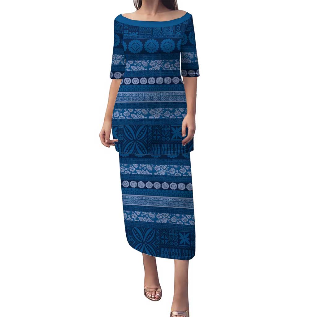 Fiji Marau na Kerisimasi Family Matching Puletasi and Hawaiian Shirt Blue Tapa Masi Inspired Christmas LT9 Mom's Dress Blue - Polynesian Pride