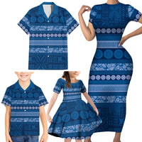 Fiji Marau na Kerisimasi Family Matching Short Sleeve Bodycon Dress and Hawaiian Shirt Blue Tapa Masi Inspired Christmas LT9 - Polynesian Pride