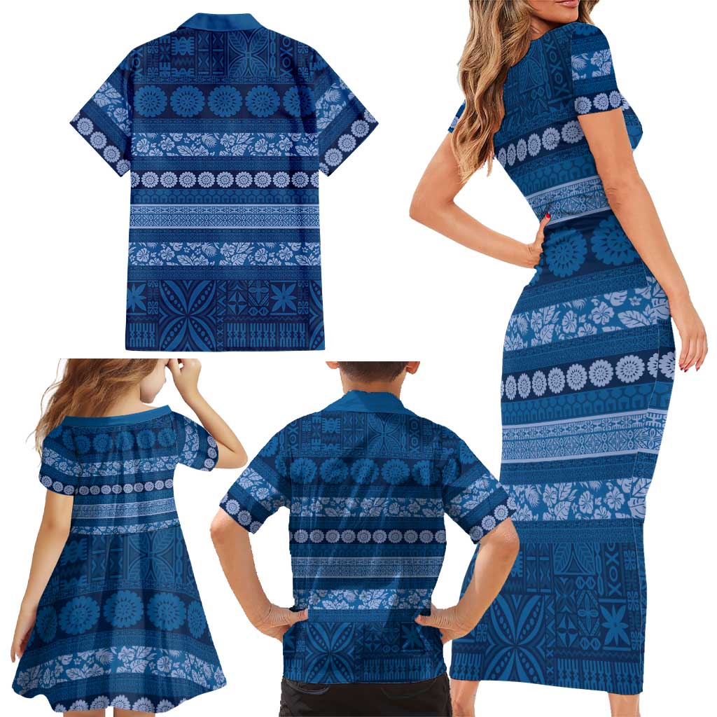 Fiji Marau na Kerisimasi Family Matching Short Sleeve Bodycon Dress and Hawaiian Shirt Blue Tapa Masi Inspired Christmas LT9 - Polynesian Pride
