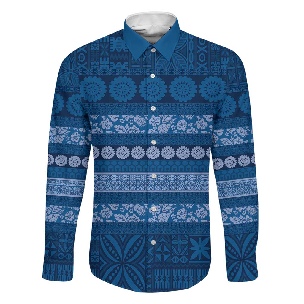 Fiji Marau na Kerisimasi Family Matching Summer Maxi Dress and Hawaiian Shirt Blue Tapa Masi Inspired Christmas LT9 Dad's Shirt - Long Sleeve Blue - Polynesian Pride