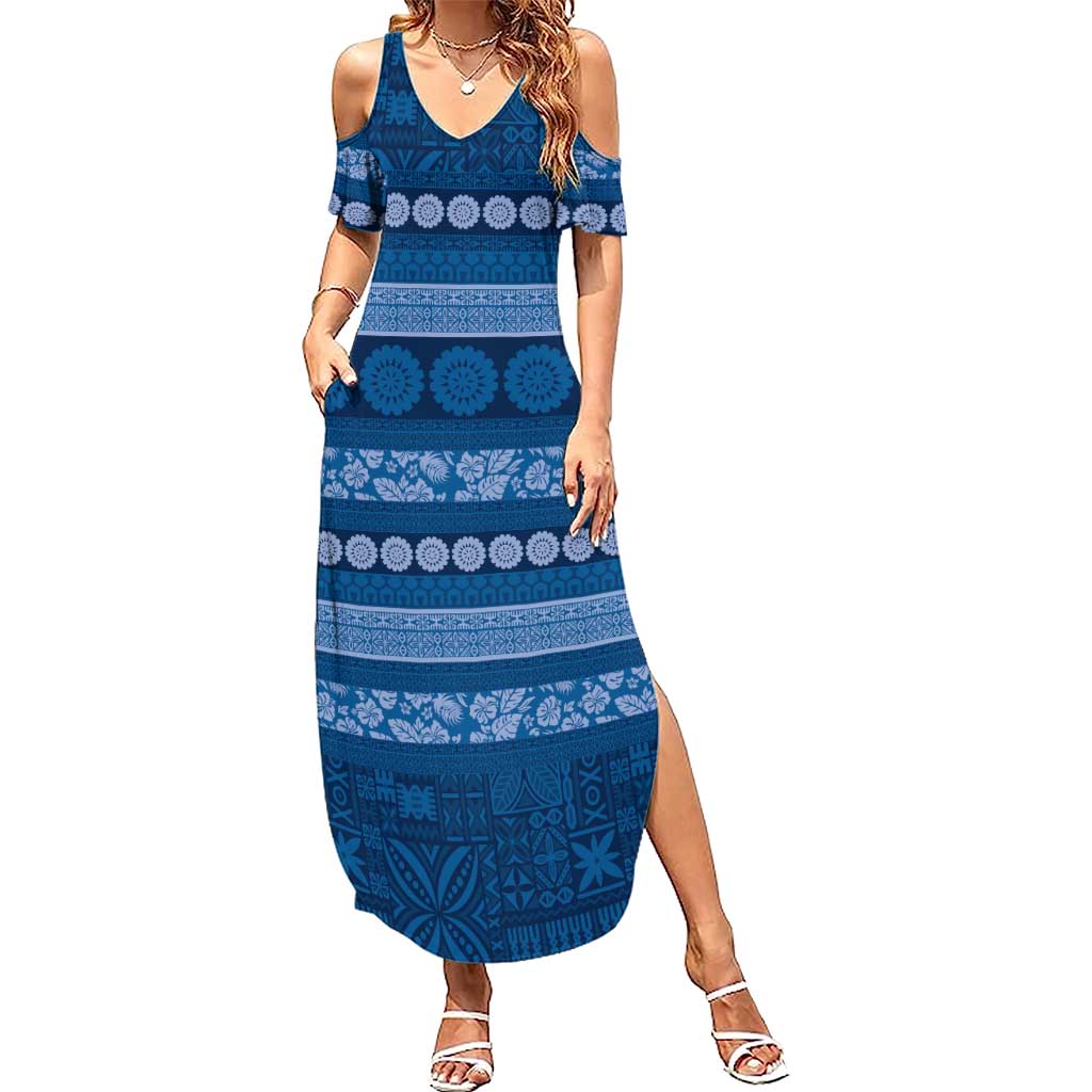 Fiji Marau na Kerisimasi Family Matching Summer Maxi Dress and Hawaiian Shirt Blue Tapa Masi Inspired Christmas LT9 Mom's Dress Blue - Polynesian Pride