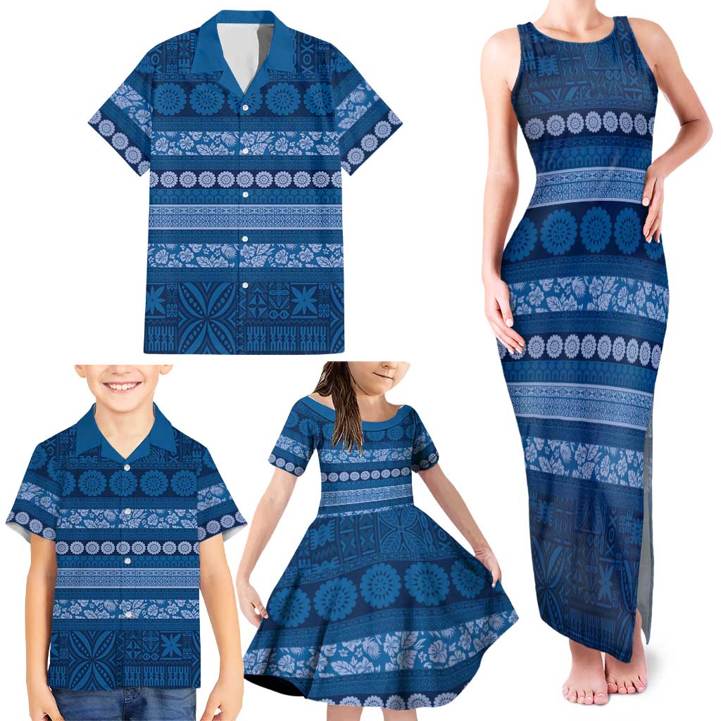 Fiji Marau na Kerisimasi Family Matching Tank Maxi Dress and Hawaiian Shirt Blue Tapa Masi Inspired Christmas LT9 - Polynesian Pride