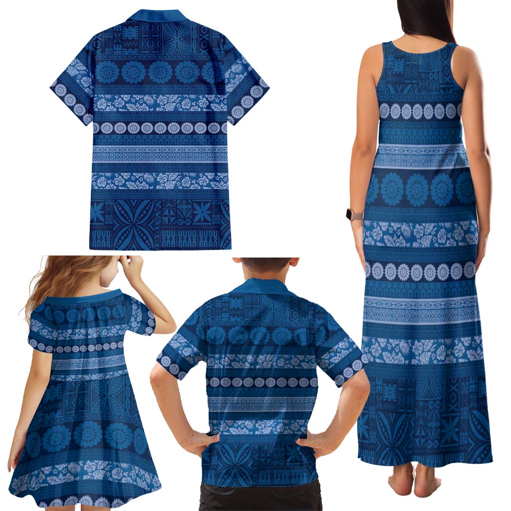 Fiji Marau na Kerisimasi Family Matching Tank Maxi Dress and Hawaiian Shirt Blue Tapa Masi Inspired Christmas LT9 - Polynesian Pride