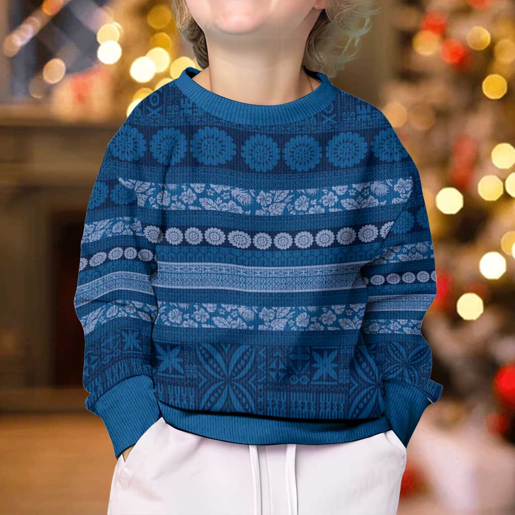 Fiji Marau na Kerisimasi Kid Ugly Christmas Sweater Blue Tapa Masi Inspired Christmas - Polynesian Pride