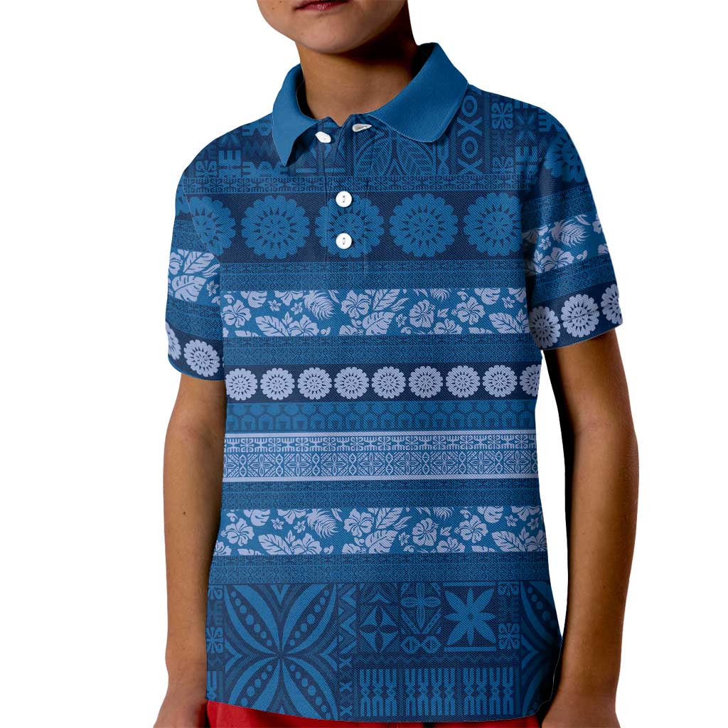 Fiji Marau na Kerisimasi Kid Polo Shirt Blue Tapa Masi Inspired Christmas - Polynesian Pride
