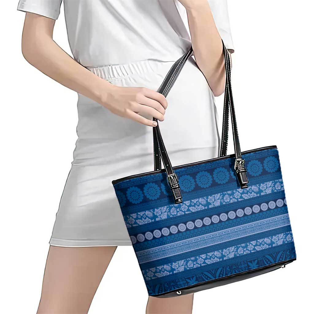 Fiji Marau na Kerisimasi Leather Tote Bag Blue Tapa Masi Inspired Christmas - Polynesian Pride