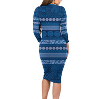 Fiji Marau na Kerisimasi Long Sleeve Bodycon Dress Blue Tapa Masi Inspired Christmas - Polynesian Pride