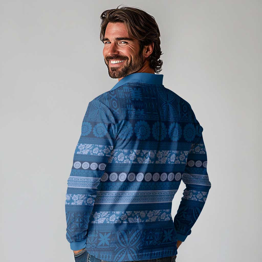 Fiji Marau na Kerisimasi Long Sleeve Polo Shirt Blue Tapa Masi Inspired Christmas - Polynesian Pride