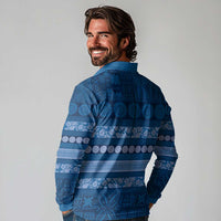 Fiji Marau na Kerisimasi Long Sleeve Polo Shirt Blue Tapa Masi Inspired Christmas - Polynesian Pride