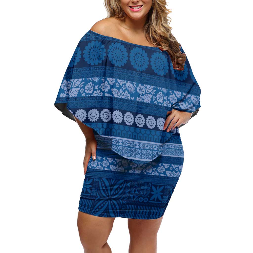 Fiji Marau na Kerisimasi Off Shoulder Short Dress Blue Tapa Masi Inspired Christmas LT9 Women Blue - Polynesian Pride