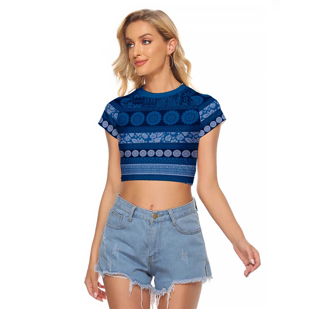 Fiji Marau na Kerisimasi Raglan Cropped T Shirt Blue Tapa Masi Inspired Christmas - Polynesian Pride