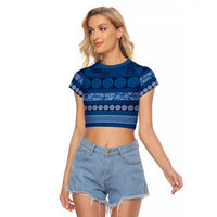 Fiji Marau na Kerisimasi Raglan Cropped T Shirt Blue Tapa Masi Inspired Christmas - Polynesian Pride
