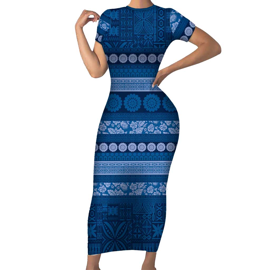 Fiji Marau na Kerisimasi Short Sleeve Bodycon Dress Blue Tapa Masi Inspired Christmas - Polynesian Pride