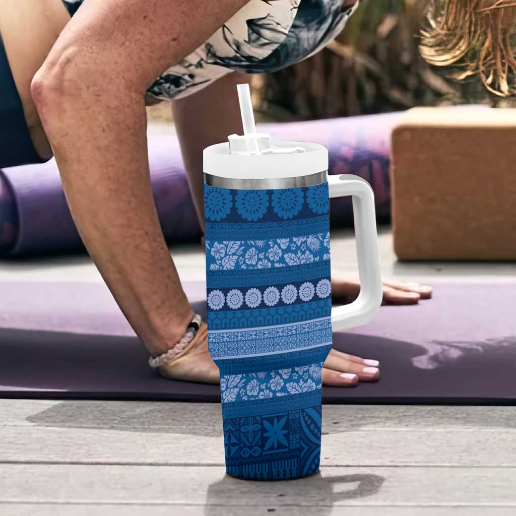 Fiji Marau na Kerisimasi Tumbler With Handle Blue Tapa Masi Inspired Christmas - Polynesian Pride