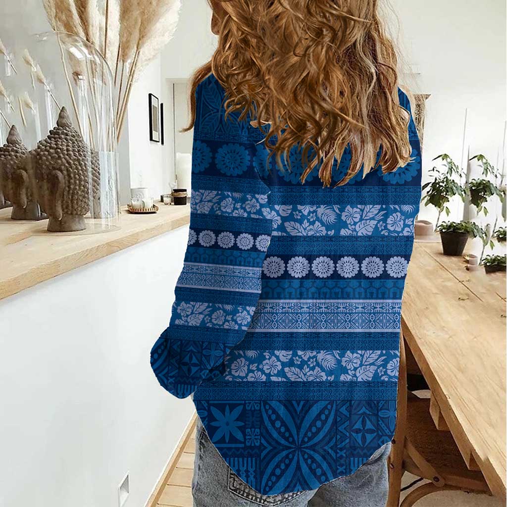 Fiji Marau na Kerisimasi Women Casual Shirt Blue Tapa Masi Inspired Christmas - Polynesian Pride