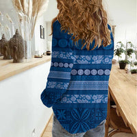 Fiji Marau na Kerisimasi Women Casual Shirt Blue Tapa Masi Inspired Christmas - Polynesian Pride