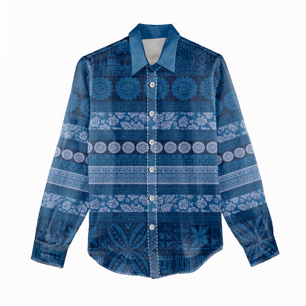 Fiji Marau na Kerisimasi Women Casual Shirt Blue Tapa Masi Inspired Christmas - Polynesian Pride