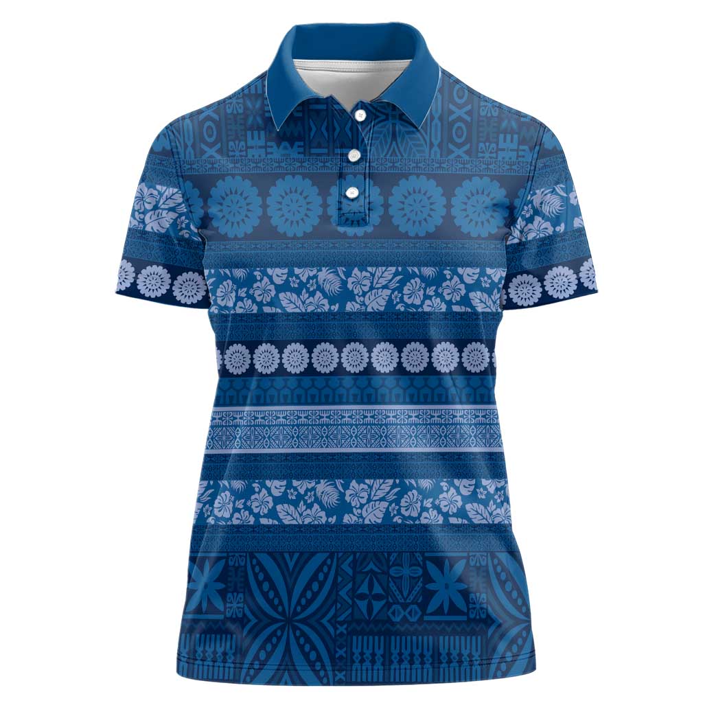 Fiji Marau na Kerisimasi Women Polo Shirt Blue Tapa Masi Inspired Christmas - Polynesian Pride