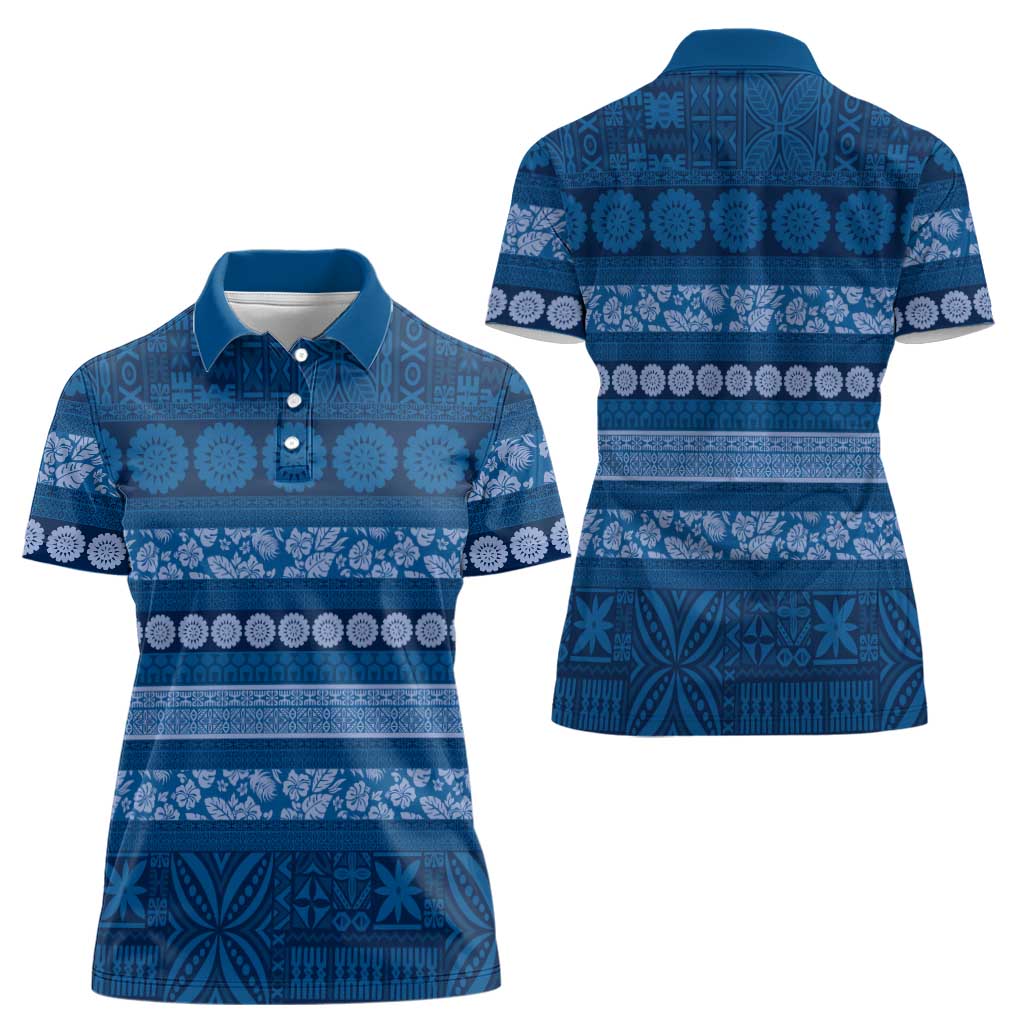 Fiji Marau na Kerisimasi Women Polo Shirt Blue Tapa Masi Inspired Christmas - Polynesian Pride