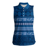 Fiji Marau na Kerisimasi Women Sleeveless Polo Shirt Blue Tapa Masi Inspired Christmas LT9 Female Blue - Polynesian Pride