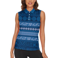 Fiji Marau na Kerisimasi Women Sleeveless Polo Shirt Blue Tapa Masi Inspired Christmas LT9 - Polynesian Pride