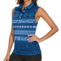 Fiji Marau na Kerisimasi Women Sleeveless Polo Shirt Blue Tapa Masi Inspired Christmas LT9 - Polynesian Pride