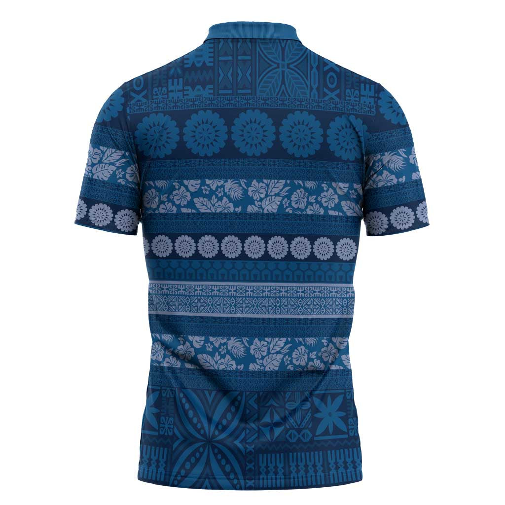 Fiji Marau na Kerisimasi Zipper Polo Shirt Blue Tapa Masi Inspired Christmas - Polynesian Pride