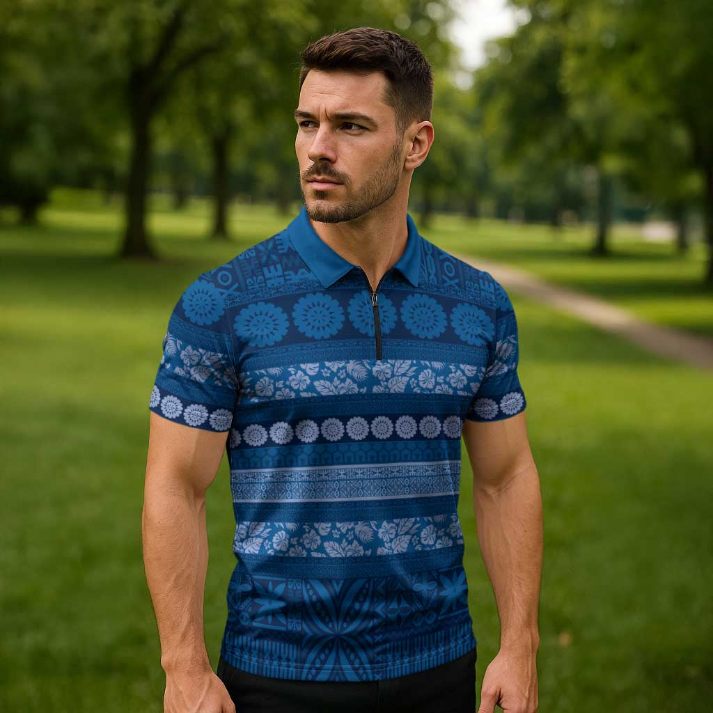 Fiji Marau na Kerisimasi Zipper Polo Shirt Blue Tapa Masi Inspired Christmas - Polynesian Pride