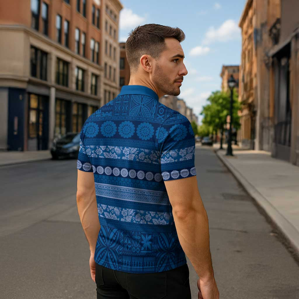 Fiji Marau na Kerisimasi Zipper Polo Shirt Blue Tapa Masi Inspired Christmas - Polynesian Pride
