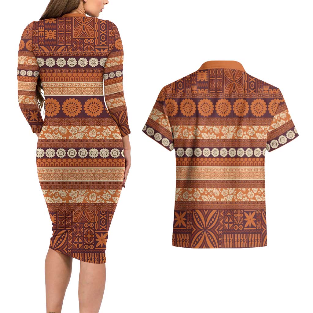 Fiji Marau na Kerisimasi Couples Matching Long Sleeve Bodycon Dress and Hawaiian Shirt Gold Tapa Masi Inspired Christmas LT9 - Polynesian Pride
