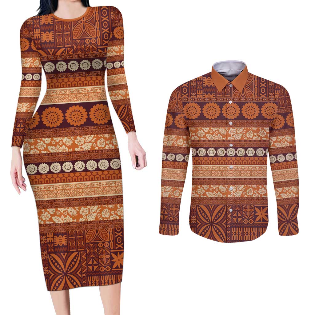 Fiji Marau na Kerisimasi Couples Matching Long Sleeve Bodycon Dress and Long Sleeve Button Shirt Gold Tapa Masi Inspired Christmas LT9 Gold - Polynesian Pride