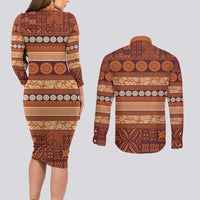 Fiji Marau na Kerisimasi Couples Matching Long Sleeve Bodycon Dress and Long Sleeve Button Shirt Gold Tapa Masi Inspired Christmas LT9 - Polynesian Pride