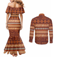 Fiji Marau na Kerisimasi Couples Matching Mermaid Dress and Long Sleeve Button Shirt Gold Tapa Masi Inspired Christmas LT9 - Polynesian Pride