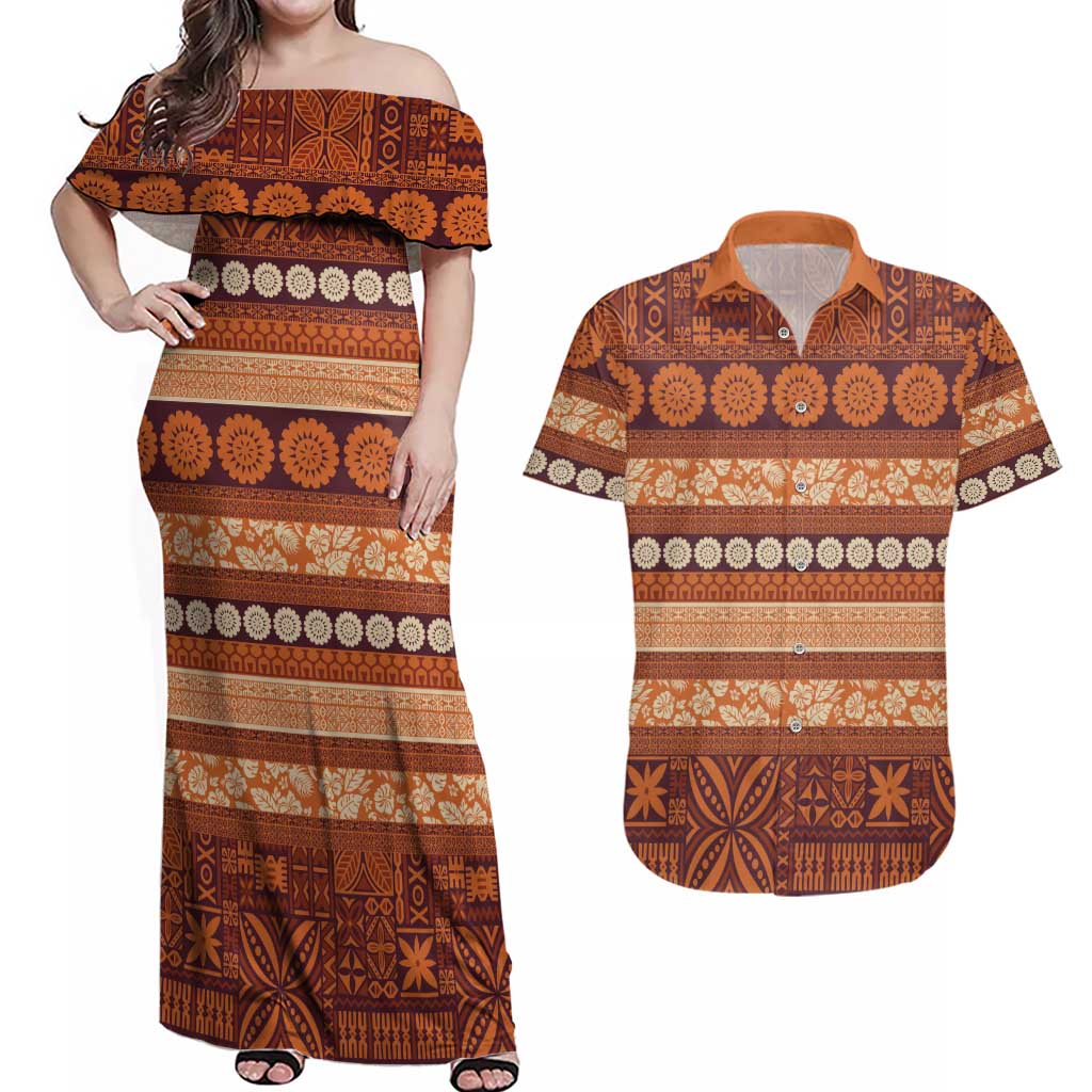 Fiji Marau na Kerisimasi Couples Matching Off Shoulder Maxi Dress and Hawaiian Shirt Gold Tapa Masi Inspired Christmas - Polynesian Pride