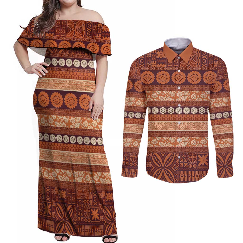 Fiji Marau na Kerisimasi Couples Matching Off Shoulder Maxi Dress and Long Sleeve Button Shirt Gold Tapa Masi Inspired Christmas LT9 Gold - Polynesian Pride
