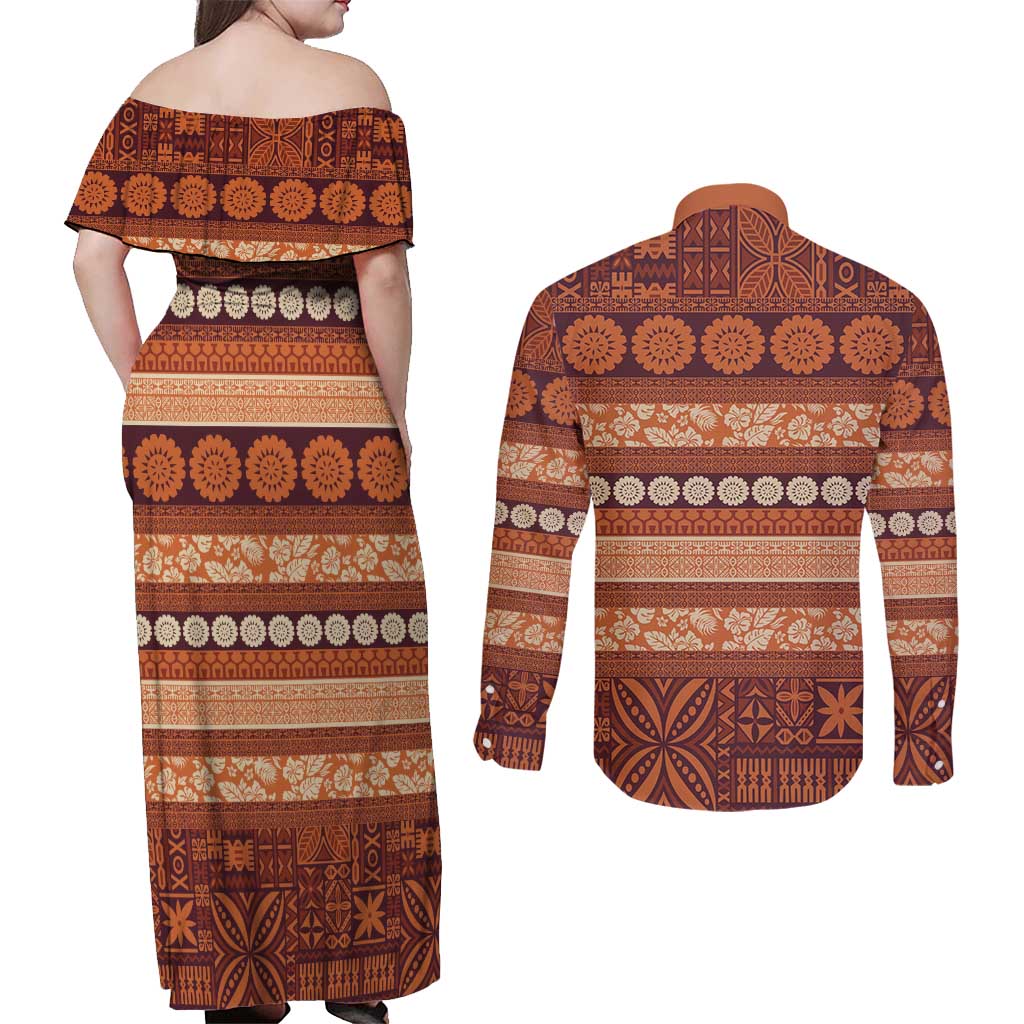 Fiji Marau na Kerisimasi Couples Matching Off Shoulder Maxi Dress and Long Sleeve Button Shirt Gold Tapa Masi Inspired Christmas LT9 - Polynesian Pride